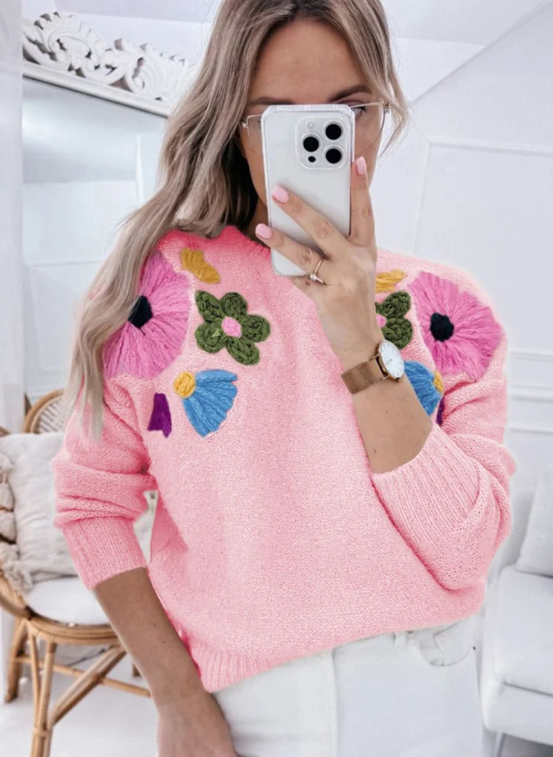 YUNIQEE Pink  Floral Embroidered Pullover Sweater