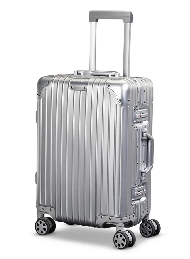 ليمرا حقيبة سفر مخصصة لكبينة الطائرة مقاس 20 بوصة مصنوعة من الالومنيوم الكامل لون فضي