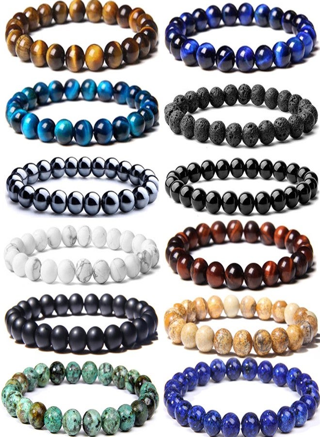 CASDAN 12PCS 8mm Semi-Precious Gemstones Beaded Bracelets for Men Women Tiger Eye Lava Rock Healing Crystal Stone Bead Bracelets Set (A: 12 PCS) - Image 1