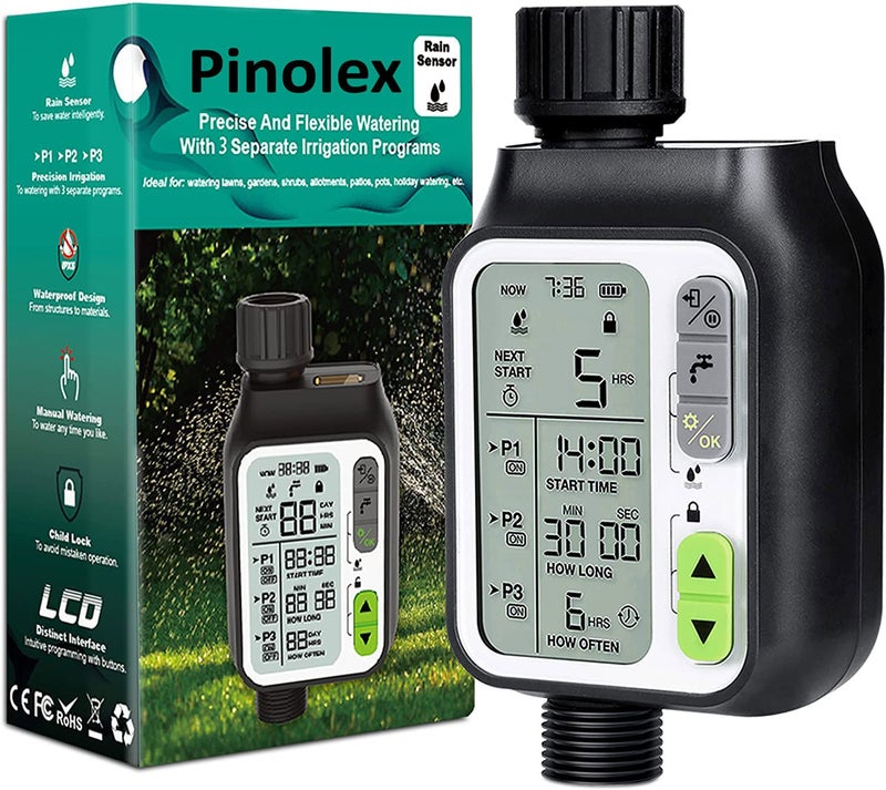 Pinolex® Sprinkler Water Timer with 3 Separate Watering Programs and Rain Auto Sensor Function, Garden Lawn Hose Faucet Timer Irrigation System Controller/Child Lock/Rain Barrel/3.5" Screen/IPX5 India - Image 2