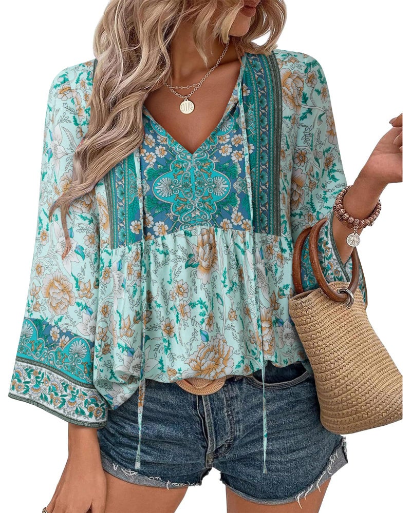 Unixseque Summer Tops for Women: Floral Blouses for Women - Casual Shirts for Women - Boho Print Trendy Casual V Neck Bohemian Blouse Holiday Vacation Flowy Tops Blue Green - Image 1