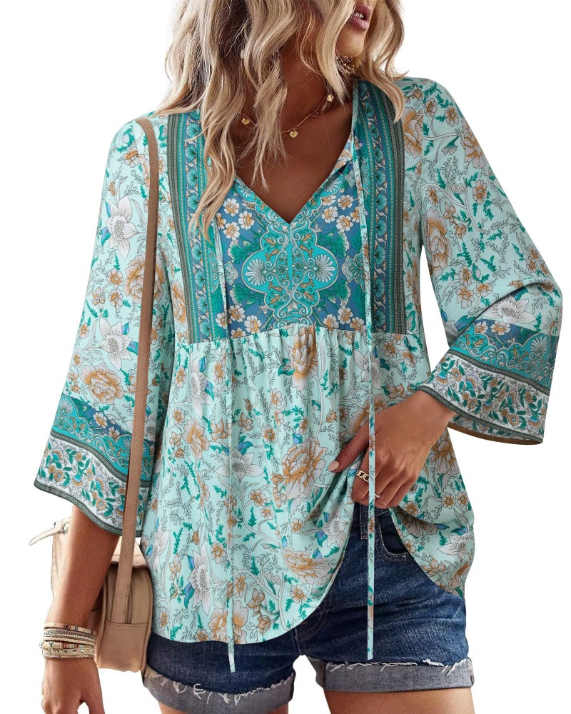 Unixseque Summer Tops for Women: Floral Blouses for Women - Casual Shirts for Women - Boho Print Trendy Casual V Neck Bohemian Blouse Holiday Vacation Flowy Tops Blue Green - Image 3
