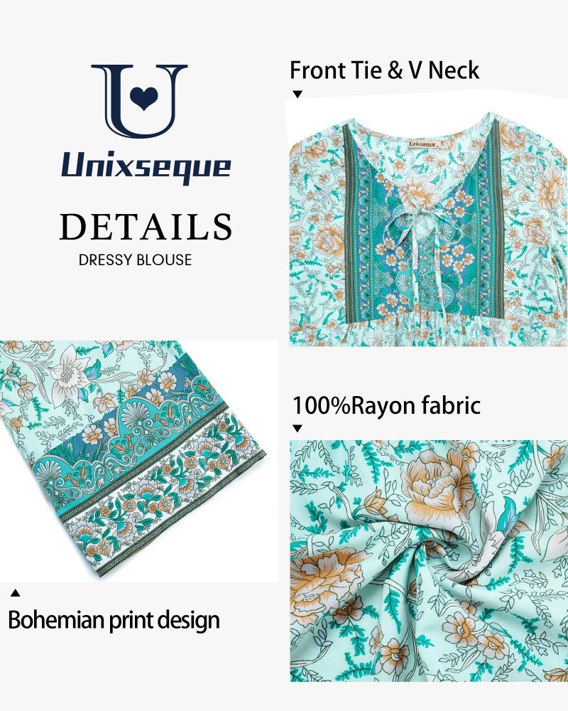 Unixseque Summer Tops for Women: Floral Blouses for Women - Casual Shirts for Women - Boho Print Trendy Casual V Neck Bohemian Blouse Holiday Vacation Flowy Tops Blue Green - Image 4