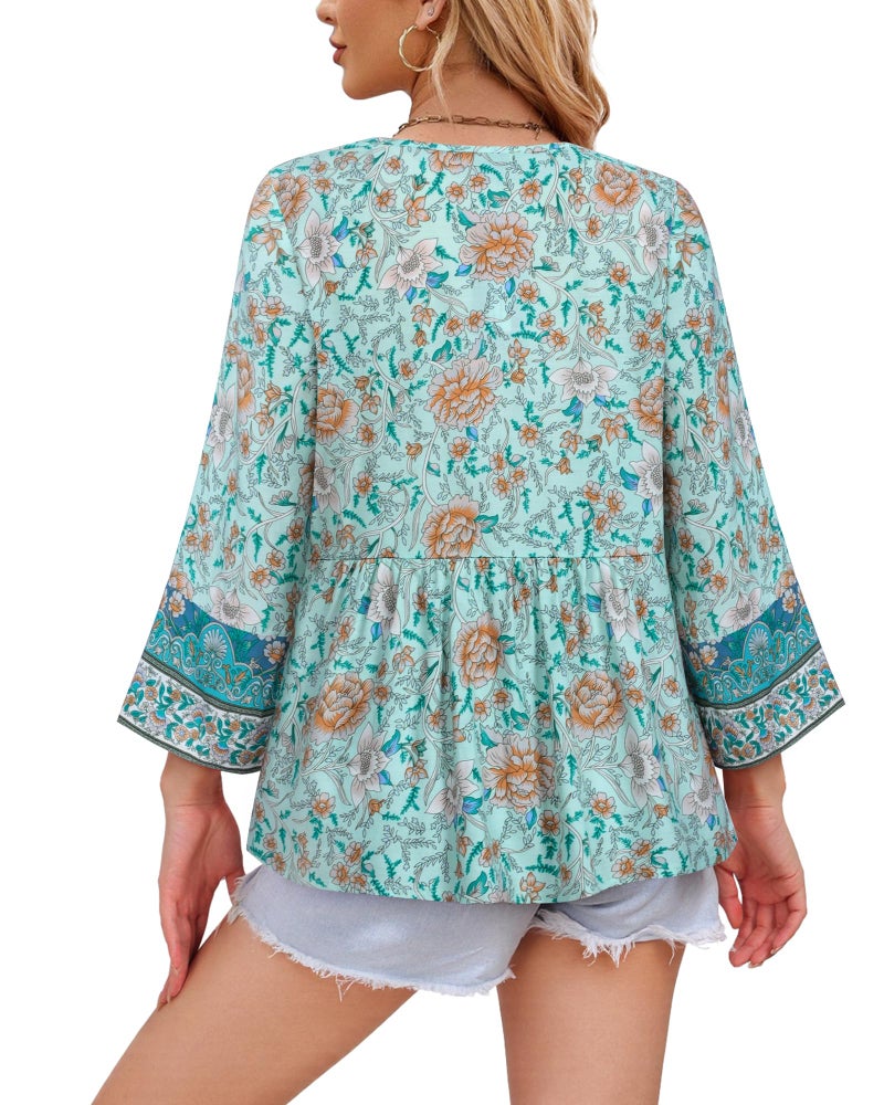 Unixseque Summer Tops for Women: Floral Blouses for Women - Casual Shirts for Women - Boho Print Trendy Casual V Neck Bohemian Blouse Holiday Vacation Flowy Tops Blue Green - Image 5