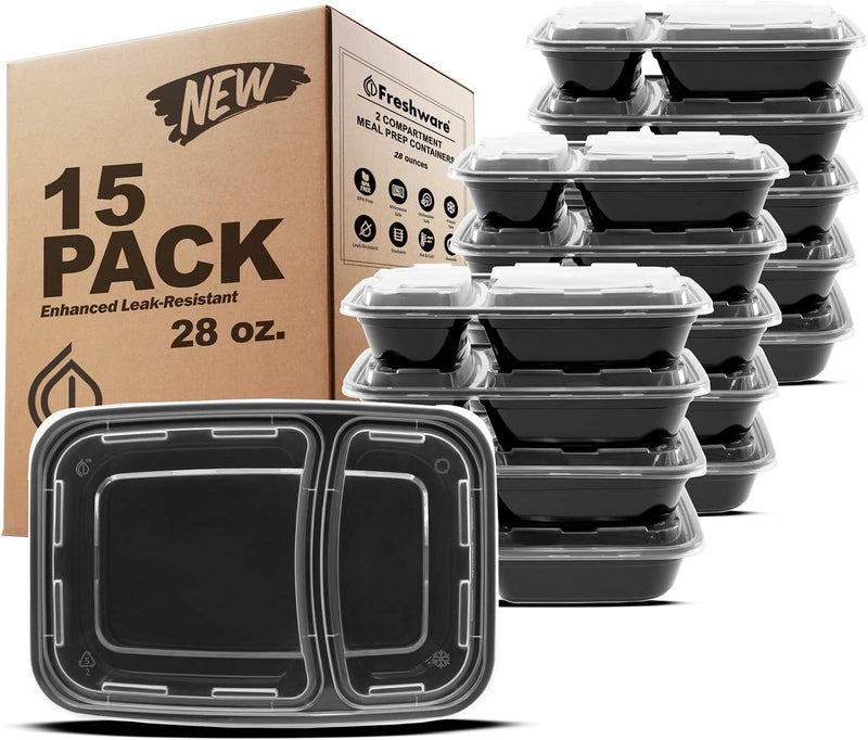 Freshware حاويات تحضير الوجبات من فريش وير 15 حزمة 2 قسم مع أغطية حاويات تخزين الطعام صندوق بنتو خالي من BPA قابلة للتكديس آمنة في الميكروويف وغسالة الصحون والفريزر 28 أونصة - Image 1
