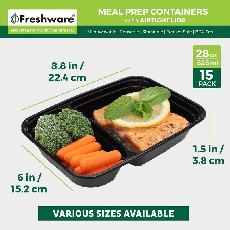 Freshware حاويات تحضير الوجبات من فريش وير 15 حزمة 2 قسم مع أغطية حاويات تخزين الطعام صندوق بنتو خالي من BPA قابلة للتكديس آمنة في الميكروويف وغسالة الصحون والفريزر 28 أونصة - Image 4