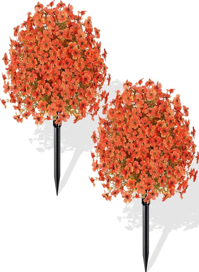 KHOYIME Fall Artificial Flowers Topiary Ball Trees with Ground Spike, 2 Pack Faux Orange Silk Floral Shrubs Bushes Fake Autumn Plants UV Resistant Indoor Outdoor Decor for Front Porch Garden Yard Home - Image 1