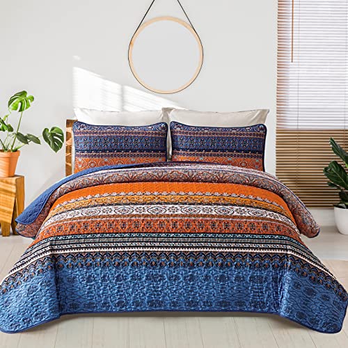 WONGS BEDDING Boho Fall Queen Quilt Set, Blue and Orange Bohemian Queen Quilt Bedding Set, Lightweight Microfiber Bed Decor Bedspread for All Season 96"x90"(3 Pieces) - Image 1