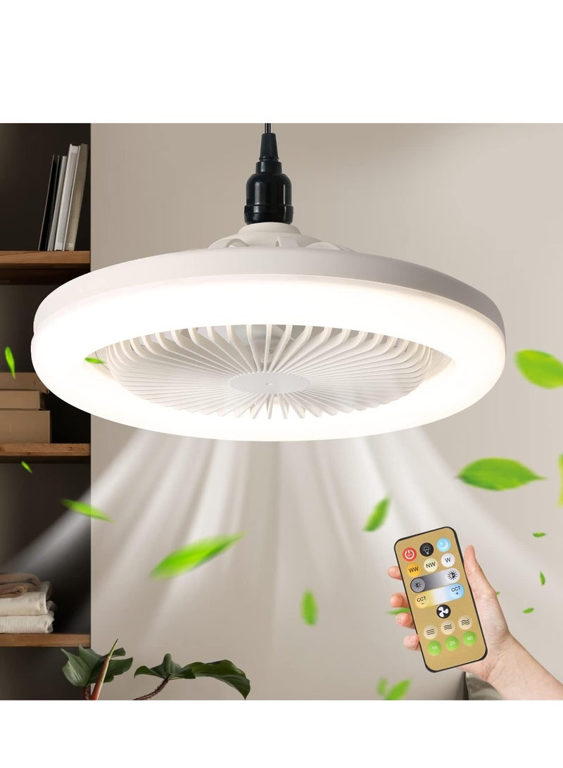 OBCGT 10in Bladeless Fan Bulb E26 Enclosed Socket Ceiling Fans with Light Dimmable 3 Wind Speeds 3 Light Remote Flush Mount Mini Chandelier for Garage Utility Room Tool Room Camping (White)  - Image 1
