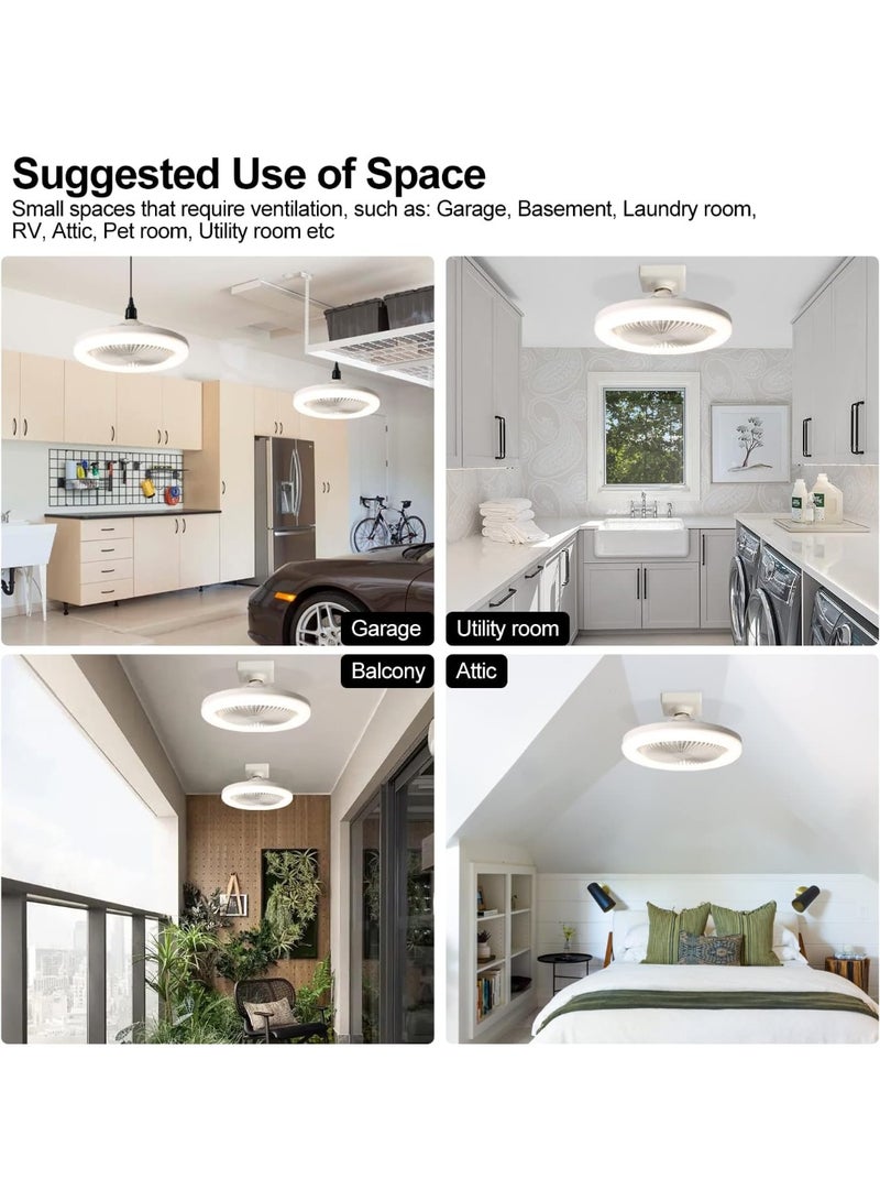OBCGT 10in Bladeless Fan Bulb E26 Enclosed Socket Ceiling Fans with Light Dimmable 3 Wind Speeds 3 Light Remote Flush Mount Mini Chandelier for Garage Utility Room Tool Room Camping (White)  - Image 4