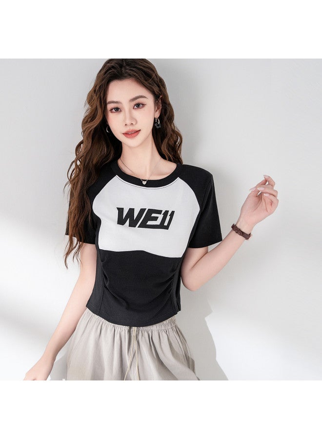 Baleno Cropped Patchwork Slim-fit Short Sleeve Tee - Premium Summer Letter Print Breathable Women's T-shirt - Image 2