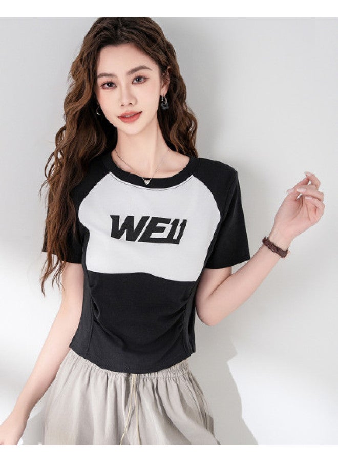 Baleno Cropped Patchwork Slim-fit Short Sleeve Tee - Premium Summer Letter Print Breathable Women's T-shirt - Image 1