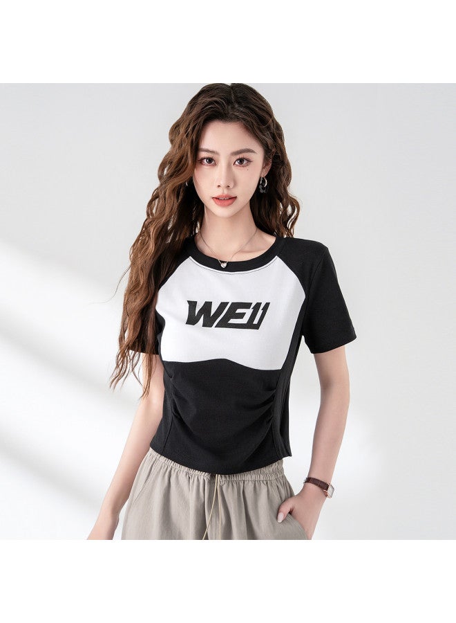 Baleno Cropped Patchwork Slim-fit Short Sleeve Tee - Premium Summer Letter Print Breathable Women's T-shirt - Image 4