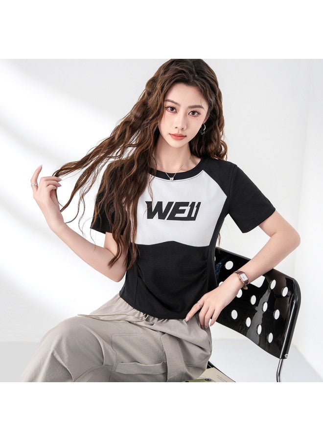 Baleno Cropped Patchwork Slim-fit Short Sleeve Tee - Premium Summer Letter Print Breathable Women's T-shirt - Image 3