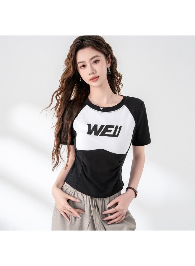 Baleno Cropped Patchwork Slim-fit Short Sleeve Tee - Premium Summer Letter Print Breathable Women's T-shirt - Image 5