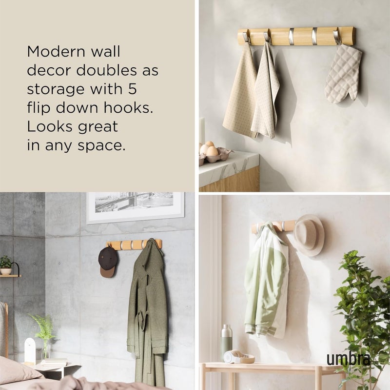 UMBRA Flip Wall-Mounted Coat Rack with 5 Hooks – Modern, Space-Saving Storage for Hats, Jackets, Bags, Entryway, Mudroom, Closet, Bathroom, Bedroom – Natural/Nickel - Image 4