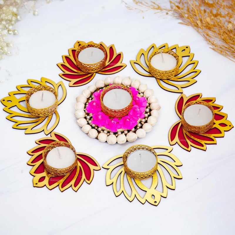 HomeSquare HomeSquare Floral Lotus Tealight Candle Holders Reusable Rangoli with Tealight Candles  - Image 2