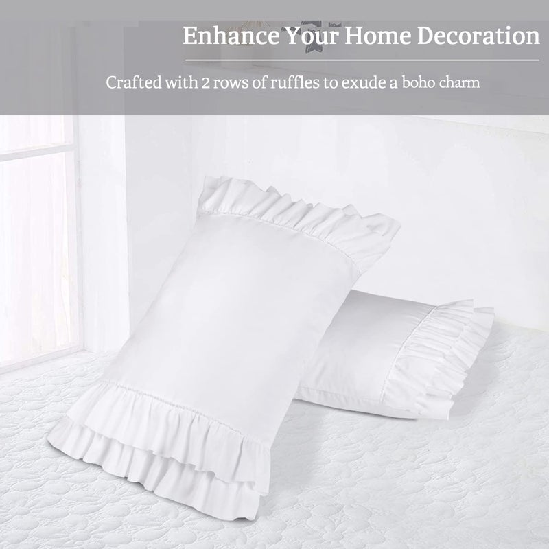Hi -G HIG Pack of 2 Farmhouse Ruffle Pillow Shams, Standard Size White French Country Style Vintage Pillowcases with Handcraft Ruffle, Boho Frilly Pillow Shams for Bedroom, Microfiber, 20" X 26" (Emory) - Image 2