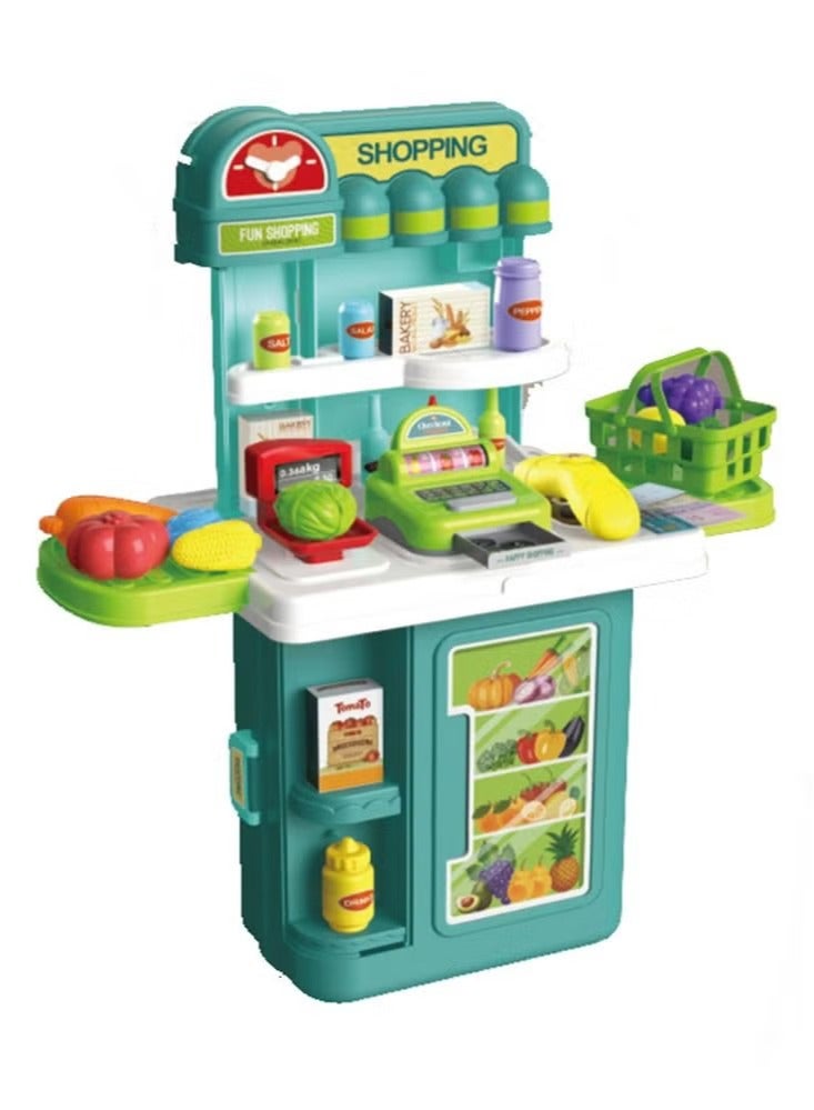 متجر 7 لعبة متجر تسوق للأطفال 4 في 1 – طاولة سوبرماركت تعليمية مع ماكينة كاشير وسلة خضار وفواكه وأدوات بيع – ألعاب محاكاة المتجر للبنات والأولاد – شكل شنطة - Image 4