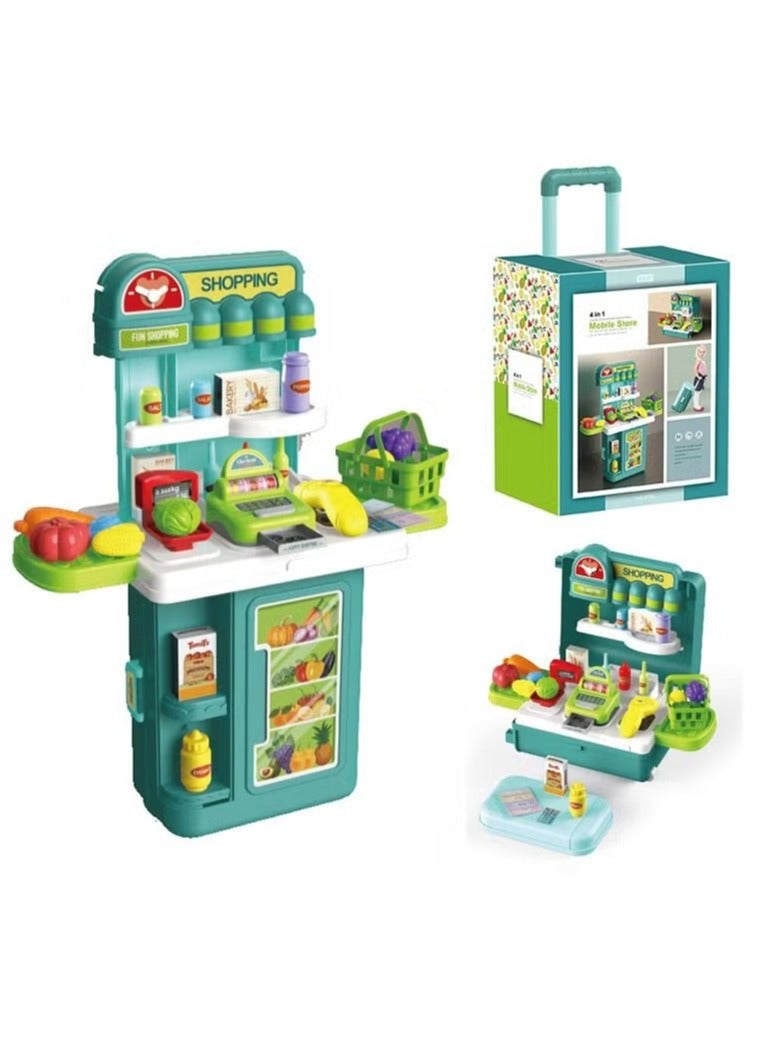 متجر 7 لعبة متجر تسوق للأطفال 4 في 1 – طاولة سوبرماركت تعليمية مع ماكينة كاشير وسلة خضار وفواكه وأدوات بيع – ألعاب محاكاة المتجر للبنات والأولاد – شكل شنطة - Image 1