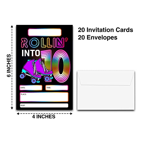 DETIHO 4" x 6" Roller Skating 10th Birthday Party Invitation Cards With Envelopes - Rolling Into 10 - Retro Roller Skate Party Invitation - 20 Sets - E55 - Image 2