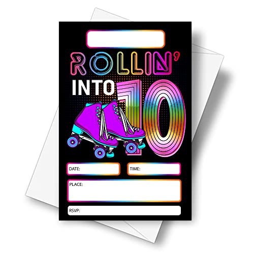 DETIHO 4" x 6" Roller Skating 10th Birthday Party Invitation Cards With Envelopes - Rolling Into 10 - Retro Roller Skate Party Invitation - 20 Sets - E55 - Image 1