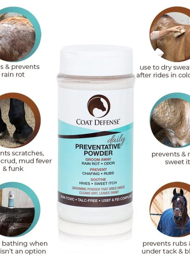COAT DEFENSE بودرة وقائية يومية للدفاع عن المعطف للخيول - آمنة وفعالة لعلاج الحكة الحلوة، مشاكل الجلد، الخدوش، ومرض المطر - شامبو جاف للخيول، تركيبة 16 أونصة بمكونات طبيعية بالكامل - Image 2