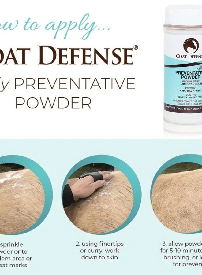COAT DEFENSE بودرة وقائية يومية للدفاع عن المعطف للخيول - آمنة وفعالة لعلاج الحكة الحلوة، مشاكل الجلد، الخدوش، ومرض المطر - شامبو جاف للخيول، تركيبة 16 أونصة بمكونات طبيعية بالكامل - Image 4