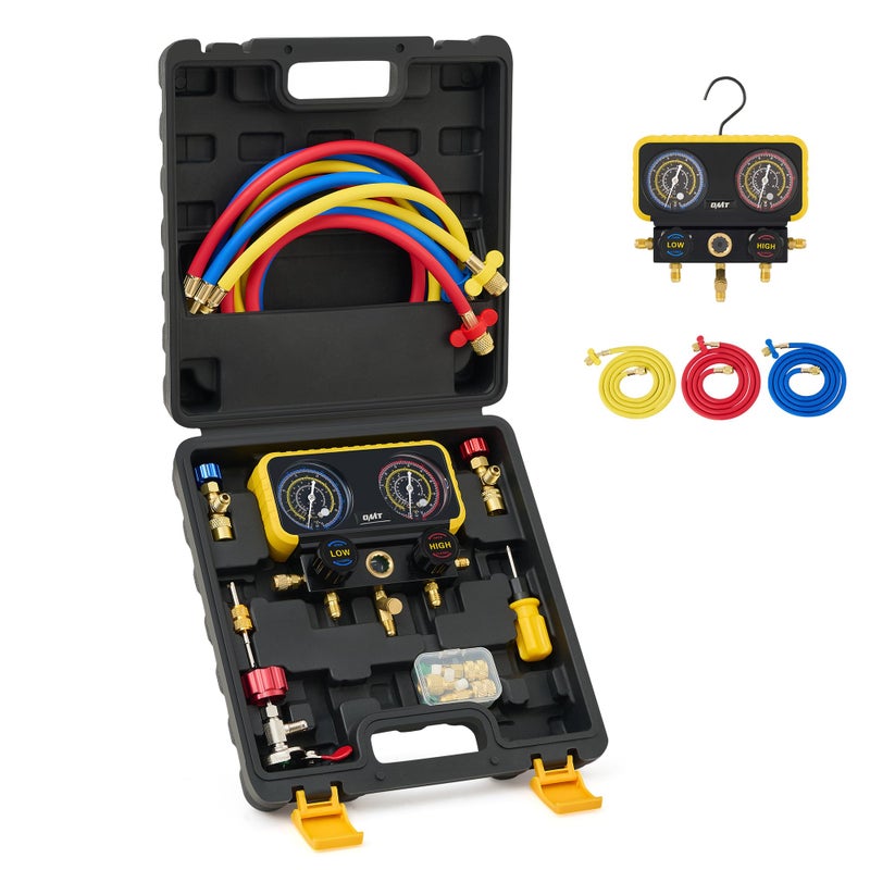 مجموعة عدادات مانيفولد تكييف الهواء Orion Motor Tech R410a لغازات التبريد R22 R32 410A 134A مع 3 طرق وعدد 3 خراطيم وصمامات أمان R410a ومهايئات R410a وUniversal Can Tap