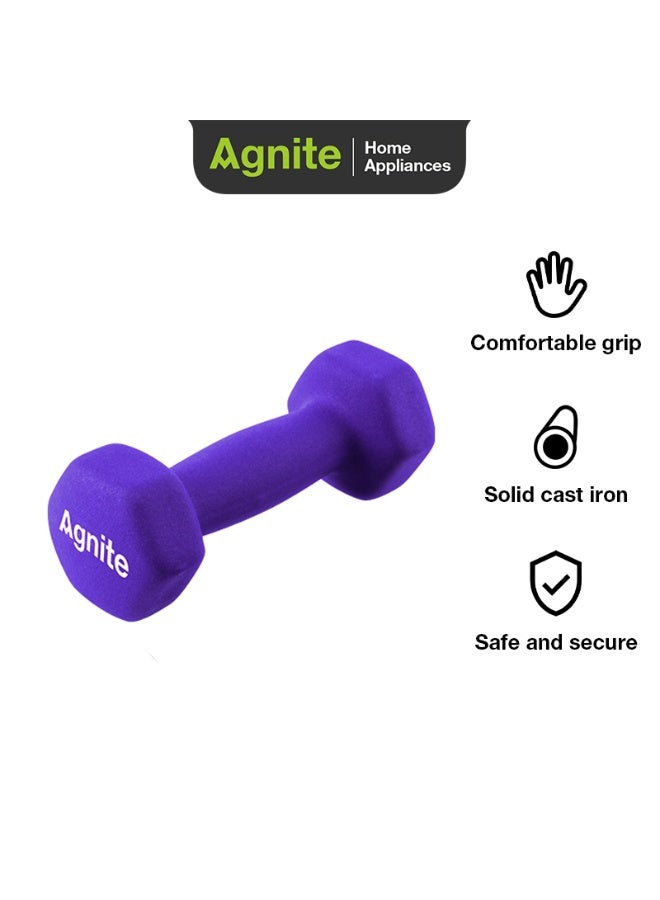 Agnite ER081 Neoprene Dumbbell Single 1Kg 1 piece, Solid Cast Iron Hand Weights With Non-Slip Grip, Hexagonal Design For Home Workouts, Strength Training & Fitness, Purple Color. - Image 1