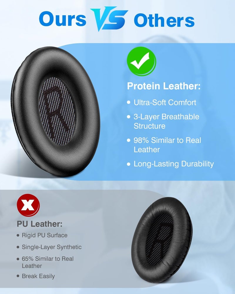 Link Dream Bose Quiet Comfort 35 Replacemen Ear Cushions Kit by Soft Protein Leather Replacement Ear Pad for Bose QC 35/25 / 15 QC2 / Ae2 / Ae2i / Ae2W / Sound Link/Sound True (Black) - Image 4