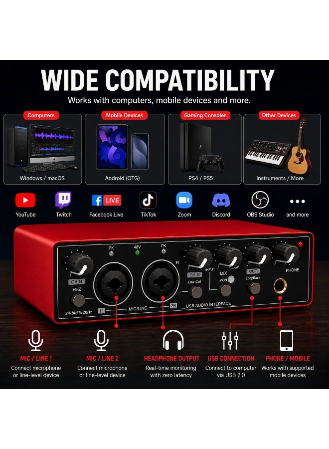 T02 USB External Sound Card Studio Audio Mixer – Live Streaming, Recording, Podcast & Music Production Interface - Image 5