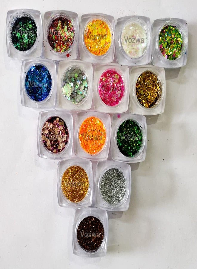 Vozwa 12 Pcs Chunky Glitter Eyeshadow + 3 Pcs Fine Glitter (Golden + Silver + Brown) - Image 1
