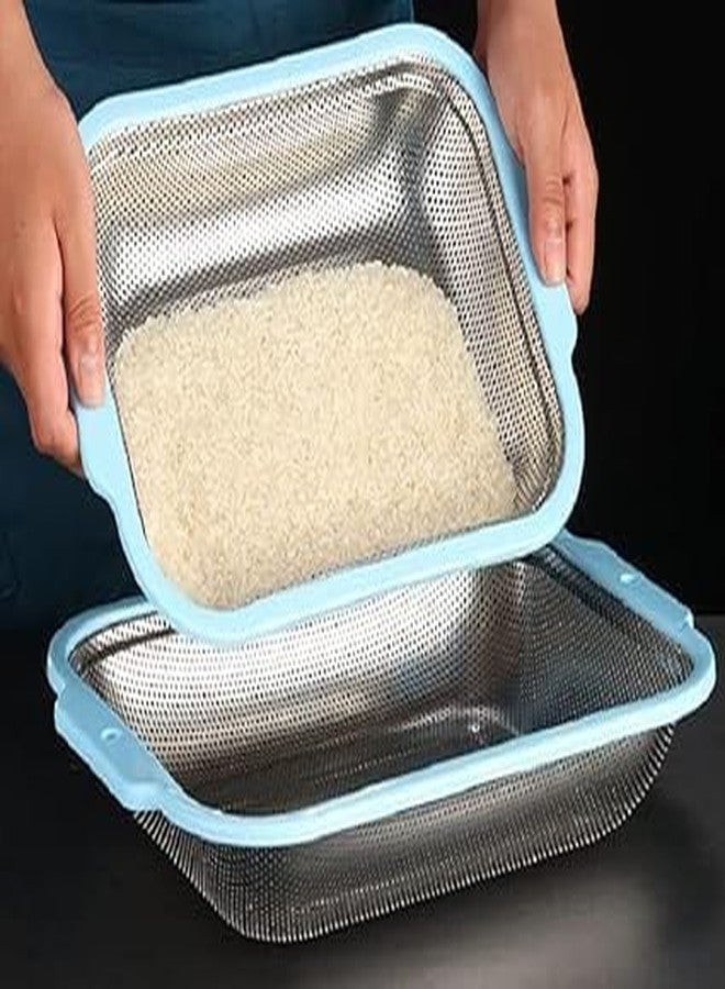 LOMESH Stainless Steel with Metal Strainer Basket Kitchen Food Drainer for Pasta Spaghetti Wash Rice Drain Veggies Fruits Rectangular Plastic Handle Colander Medium - Image 5