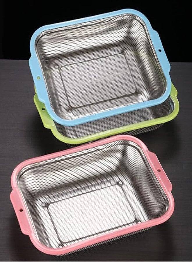 LOMESH Stainless Steel with Metal Strainer Basket Kitchen Food Drainer for Pasta Spaghetti Wash Rice Drain Veggies Fruits Rectangular Plastic Handle Colander Medium - Image 2