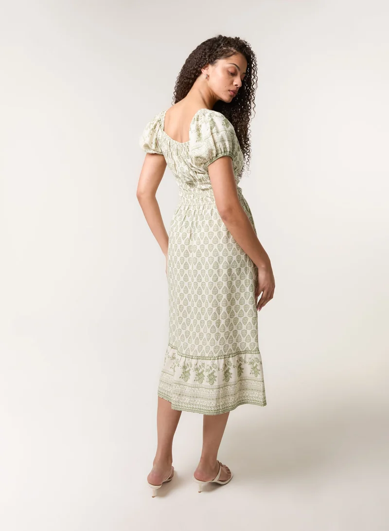 Blue Vanilla Border Print Puff Sleeve Midi Dress