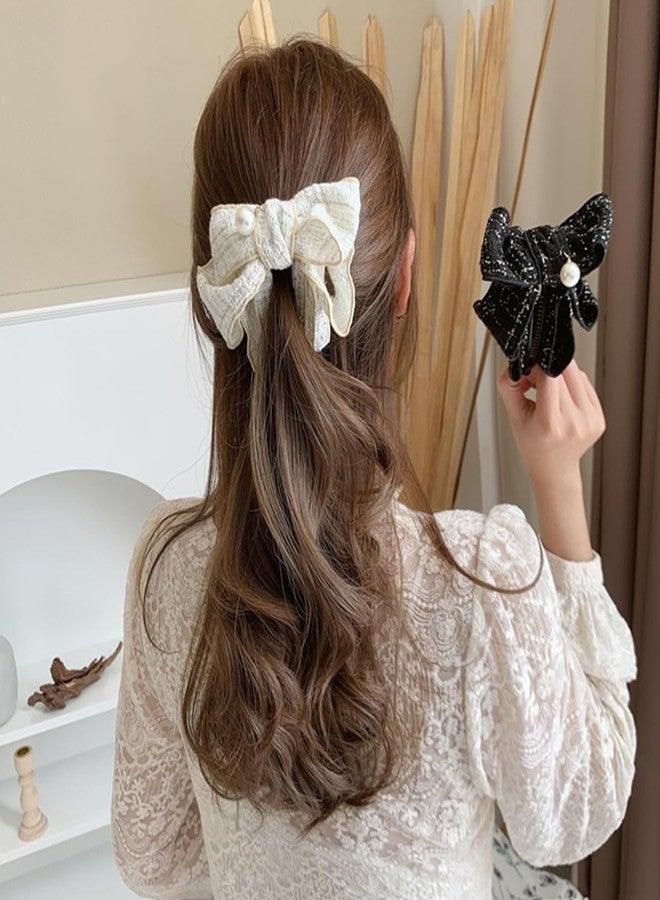 BASEMMAHER 2Pcs Bow Banana Hair Clips Bowknot Vertical Ponytail Holder Claw Clips Black White Plaid Pearl Hairpins Banana Hair Barrette Accessories for Women Girls Thick Thin Hair - Image 5