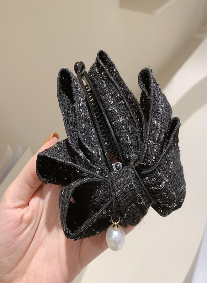 BASEMMAHER 2Pcs Bow Banana Hair Clips Bowknot Vertical Ponytail Holder Claw Clips Black White Plaid Pearl Hairpins Banana Hair Barrette Accessories for Women Girls Thick Thin Hair - Image 3