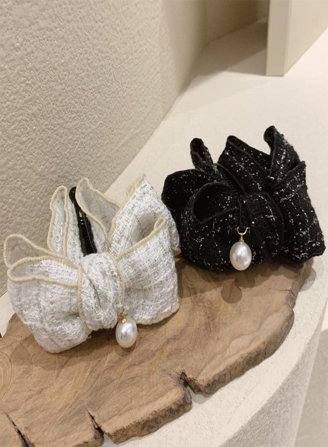 BASEMMAHER 2Pcs Bow Banana Hair Clips Bowknot Vertical Ponytail Holder Claw Clips Black White Plaid Pearl Hairpins Banana Hair Barrette Accessories for Women Girls Thick Thin Hair - Image 4