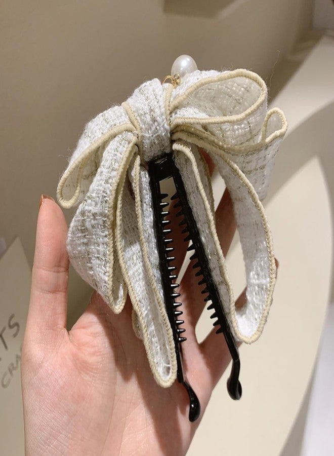 BASEMMAHER 2Pcs Bow Banana Hair Clips Bowknot Vertical Ponytail Holder Claw Clips Black White Plaid Pearl Hairpins Banana Hair Barrette Accessories for Women Girls Thick Thin Hair - Image 2