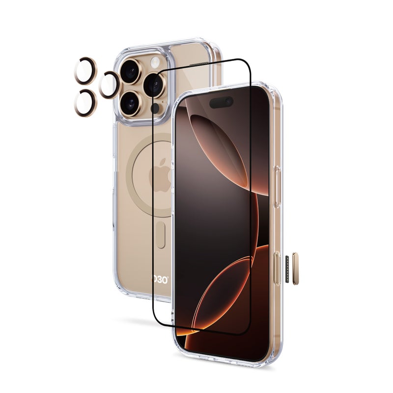 ارمور برو مجموعة حماية 3-in-1، iPhone 16 Pro Max، تقنية D3O، وضوح HD، مضاد للانعكاس، ذهبي Gold - Image 1