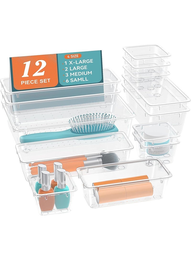 مجموعة منظم أدراج مستوردة مكونة من 12 قطعة، وحدات أدراج تخزين بأربعة أحجام، منظم مكياج بلاستيكي شفاف وصناديق تخزين للمكياج والقرطاسية والأدوات المتعددة للحمام والمكتب وغرفة النوم - Image 1