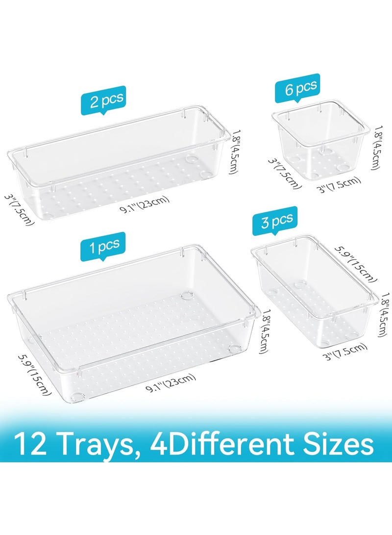 مجموعة منظم أدراج مستوردة مكونة من 12 قطعة، وحدات أدراج تخزين بأربعة أحجام، منظم مكياج بلاستيكي شفاف وصناديق تخزين للمكياج والقرطاسية والأدوات المتعددة للحمام والمكتب وغرفة النوم - Image 2