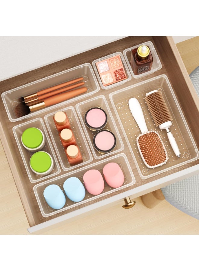 مجموعة منظم أدراج مستوردة مكونة من 12 قطعة، وحدات أدراج تخزين بأربعة أحجام، منظم مكياج بلاستيكي شفاف وصناديق تخزين للمكياج والقرطاسية والأدوات المتعددة للحمام والمكتب وغرفة النوم - Image 5