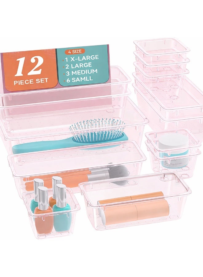 مجموعة منظم أدراج مستوردة مكونة من 12 قطعة، وحدات أدراج تخزين بأربعة أحجام، منظم مكياج بلاستيكي شفاف وصناديق تخزين للمكياج والقرطاسية والأدوات المتعددة للحمام والمكتب وغرفة النوم - Image 1