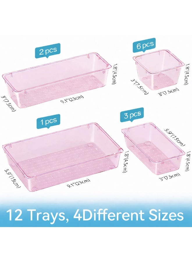 مجموعة منظم أدراج مستوردة مكونة من 12 قطعة، وحدات أدراج تخزين بأربعة أحجام، منظم مكياج بلاستيكي شفاف وصناديق تخزين للمكياج والقرطاسية والأدوات المتعددة للحمام والمكتب وغرفة النوم - Image 2