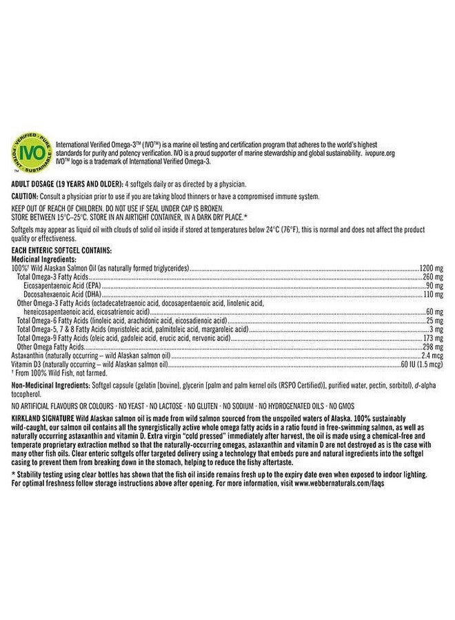 Kirkland Signature 100% Wild Alaskan Salmon Oil 90 EPA 110 DHA 1200mg - 320 Enteric Coated Softgels - Image 5