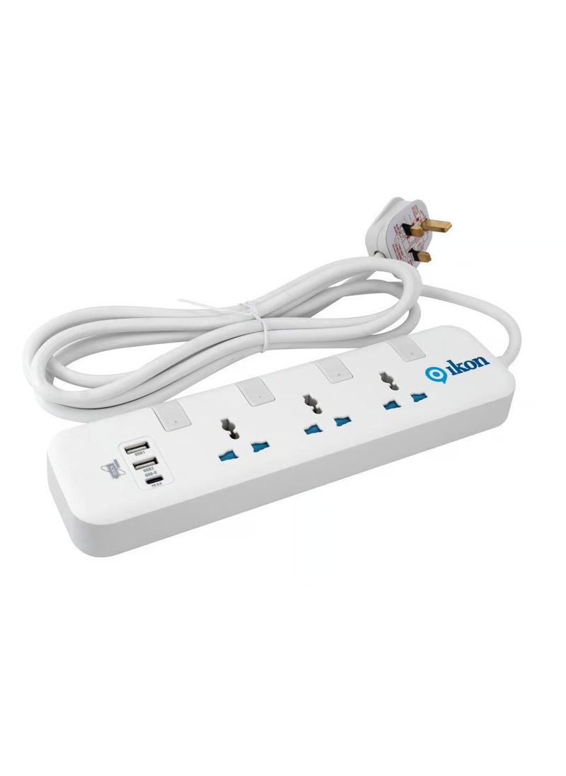 3 Way Power Extension Socket With 2 Usb A And 1 Usb C Ports 3 Mtr