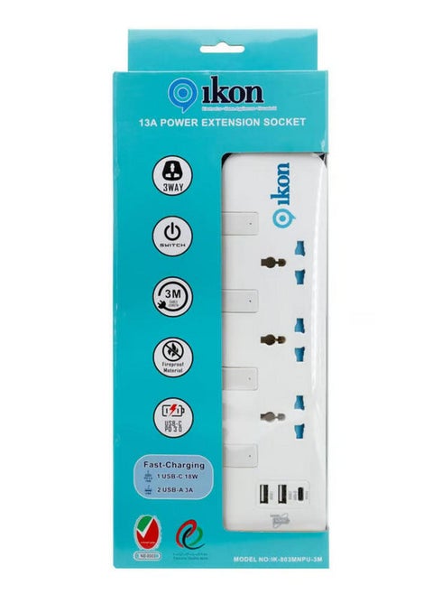 3 Way Power Extension Socket With 2 Usb A And 1 Usb C Ports 3 Mtr