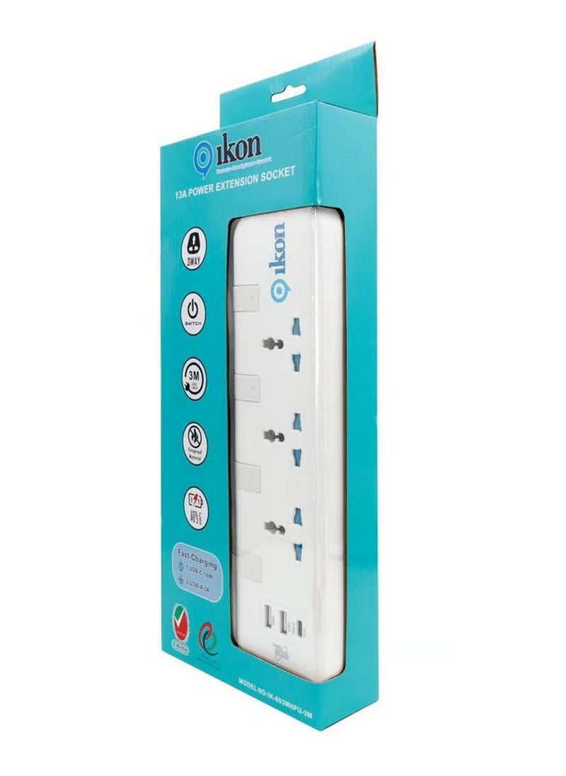 3 Way Power Extension Socket With 2 Usb A And 1 Usb C Ports 3 Mtr